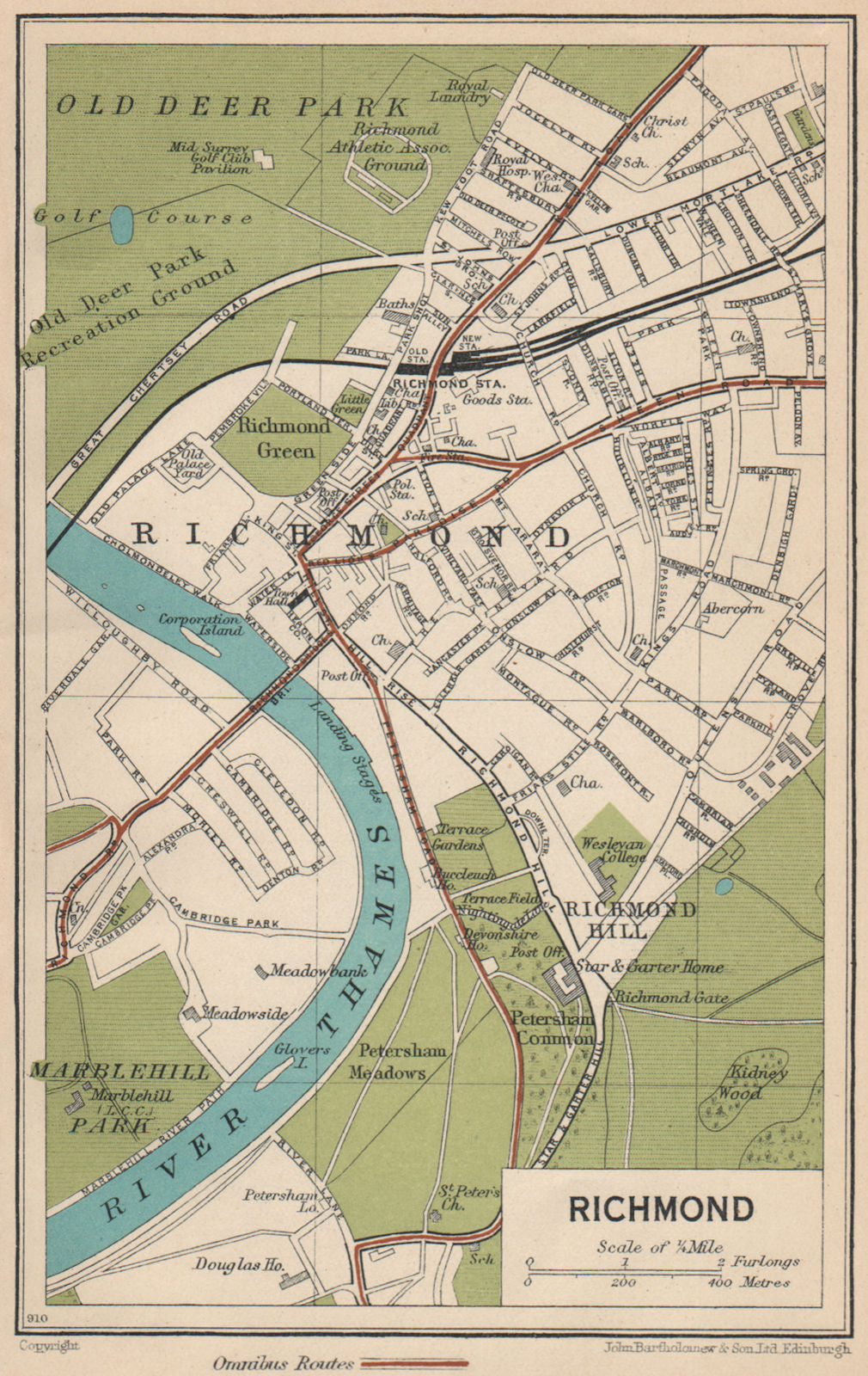 RICHMOND-UPON-THAMES.Vintage town plan.Petersham.Marble Hill.Bus routes 1935 map